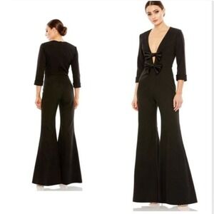 Ieena for Mac Duggal Black Bow Front Wide Leg Jumpsuit Size 4 NEW